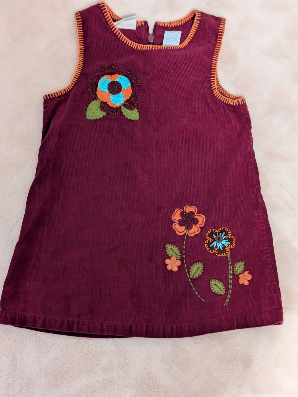 miniwear Burgundy Corduroy Dress with Orange & Teal Floral Appliqué